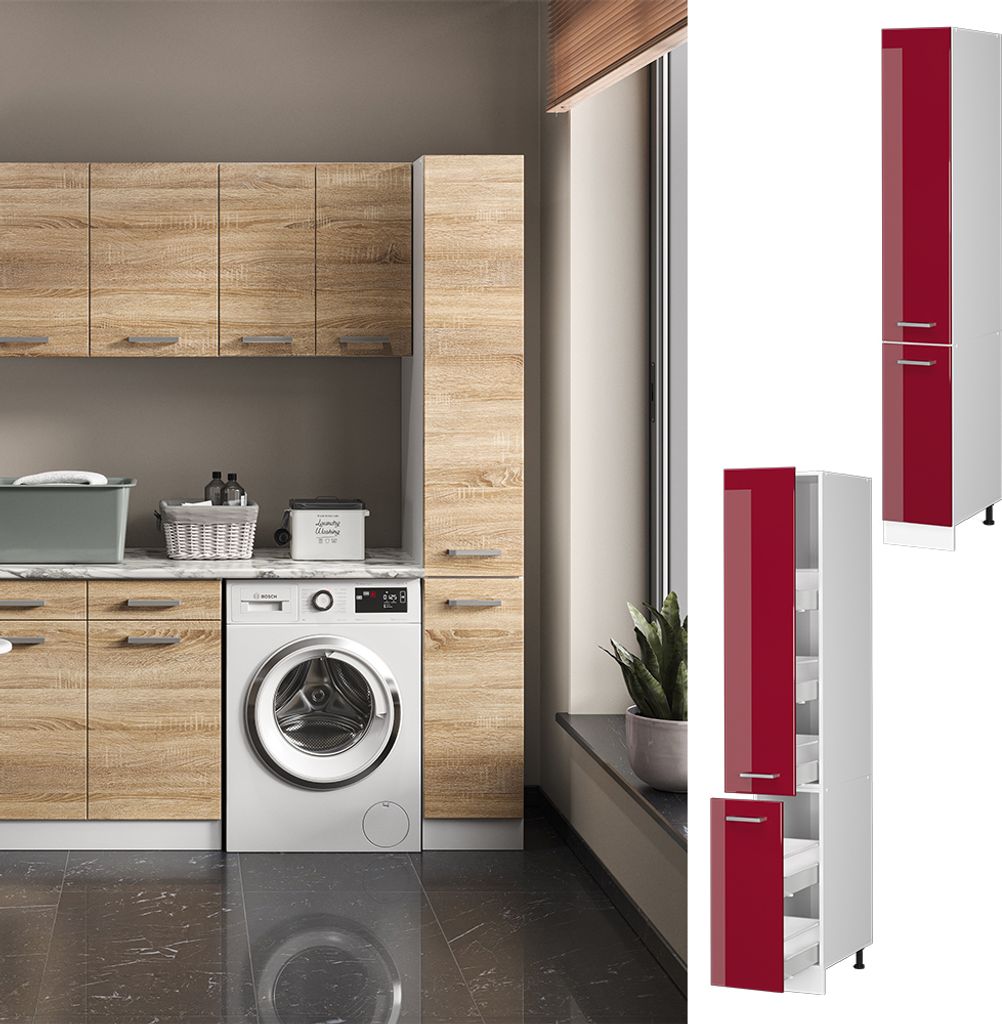Hochschrank Vicco R-Line Bordeaux Hochglanz 30 cm mit Türen, Model 41898