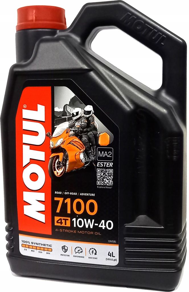 A black plastic jug of Motul 7100 4T 10W-40 4-stroke motor oil.