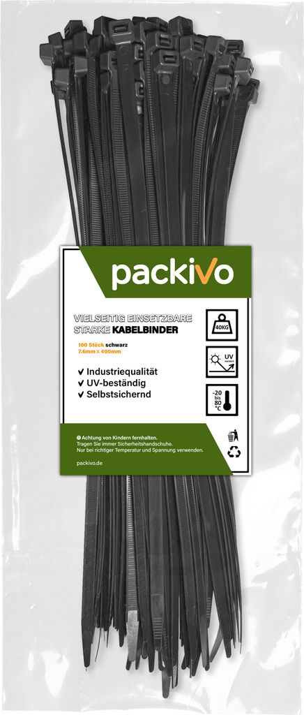 PACKIVO Profi Kabelbinder 7,6 x 400mm schwarz extra starke Produktbild 