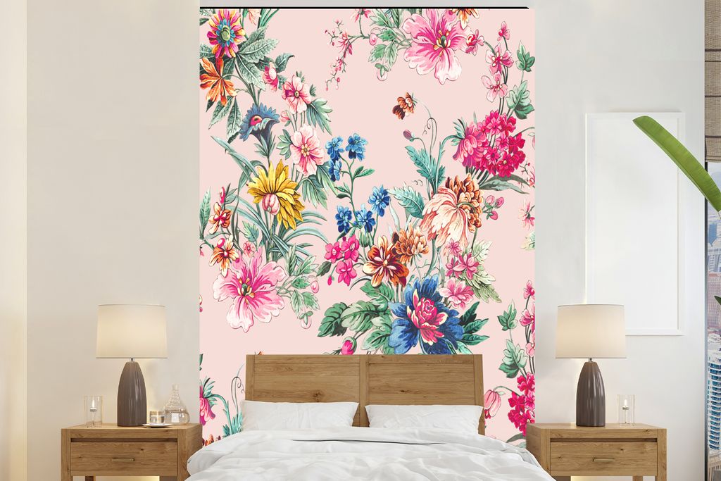 MuchoWow Fototapete für Wohnzimmer oder Schlafzimmer Wandtapete Vinyl Motivtapete Blumen - Pastell - Vintage - 195x300 cm - Das Hintergrundbild