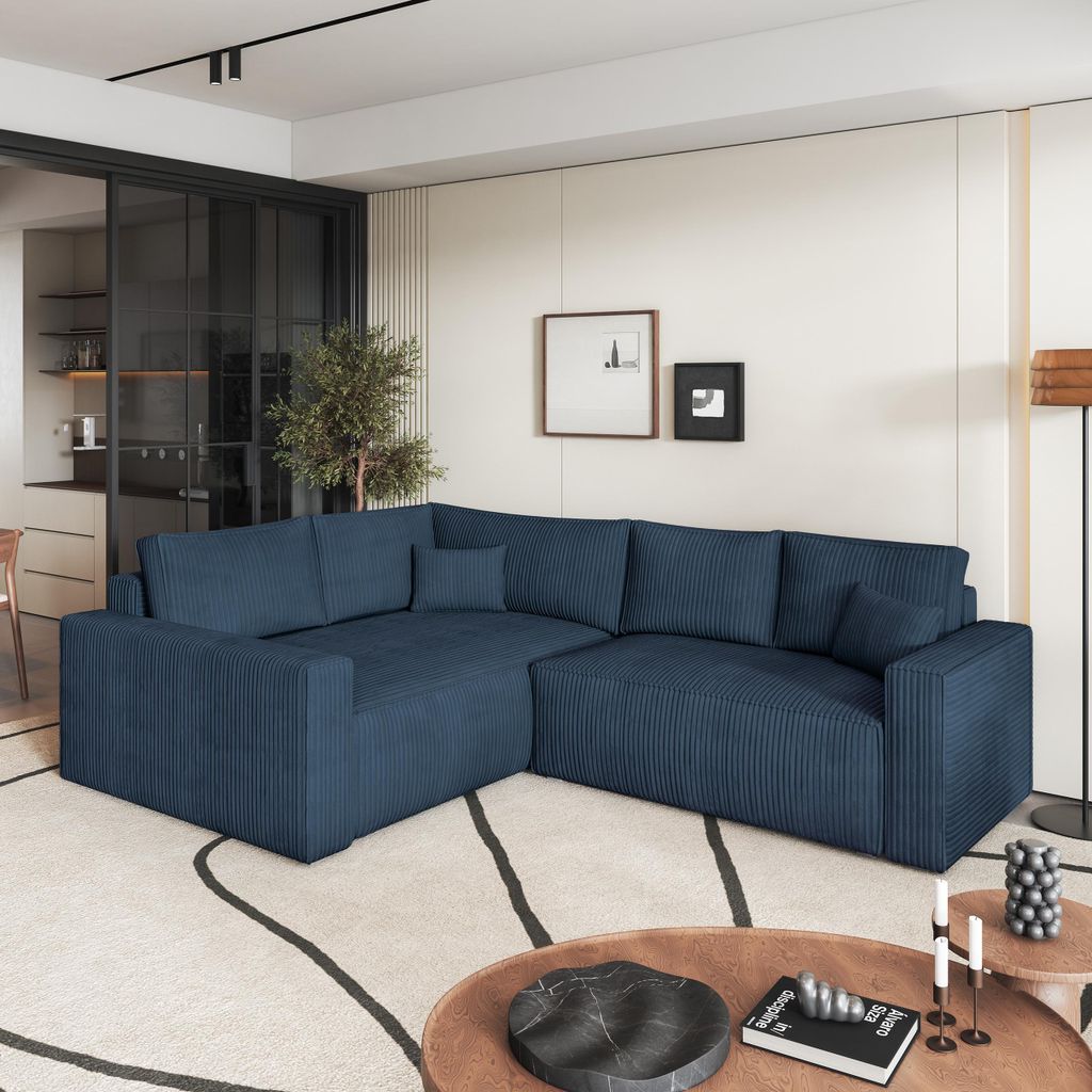 Masseno Ecksofa ERONIS L-S mit Schlaffunktion L-Form, Sofa mit Bettkasten, Wohnzimmersofa, Couch, Soffa, Bettsofa, Couchgarnitur- Blau, POSO 05