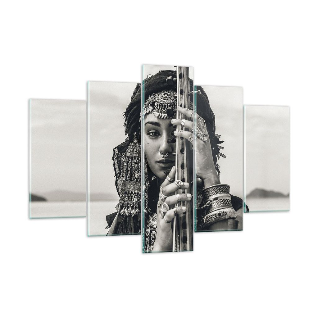 Bilder auf glas - 5 Teile - Frau ethnisch Schmuck - 150x100cm - Glasbilder - Wandbilder - Bilder - zum Aufhängen bereit - Wanddekoration aus Glas ...