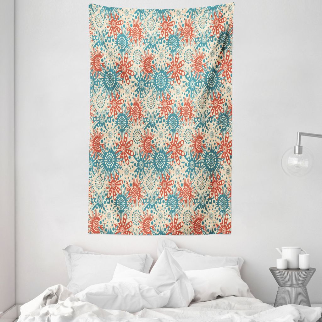 ABAKUHAUS Rot und Blau Wandteppich und Tagesdecke, Hippie-Blumenkunst aus Weiches Mikrofaser Stoff Waschbar ohne Verblassen Digitaldruck, 140 x 230...