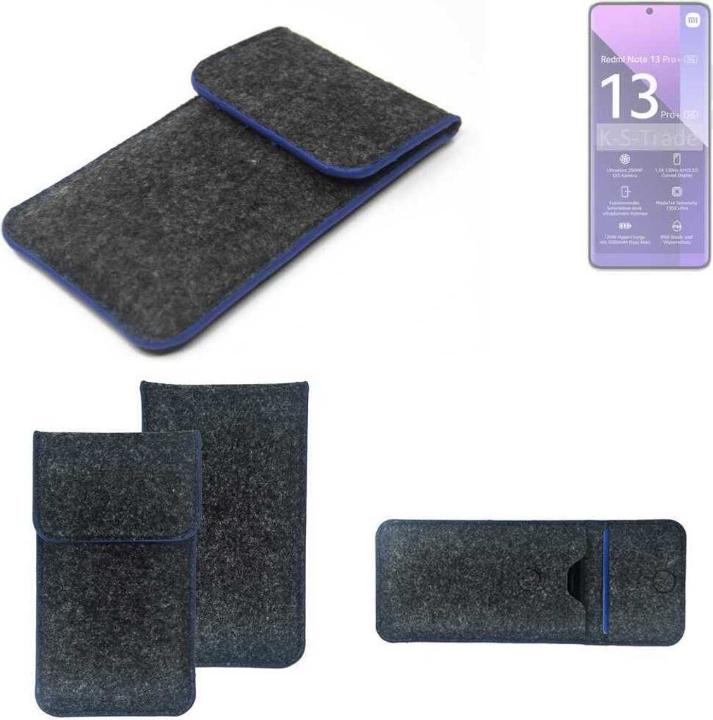 K-S-Trade Handy-Hülle Schutz-Hülle kompatibel mit Xiaomi Redmi Note 13 Pro+ Filztasche Pouch Tasche Case Sleeve Filzhülle dunkelgrau, blauer Rand