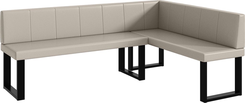 A beige corner bench with black metal legs, shown from a diagonal angle against a white background.