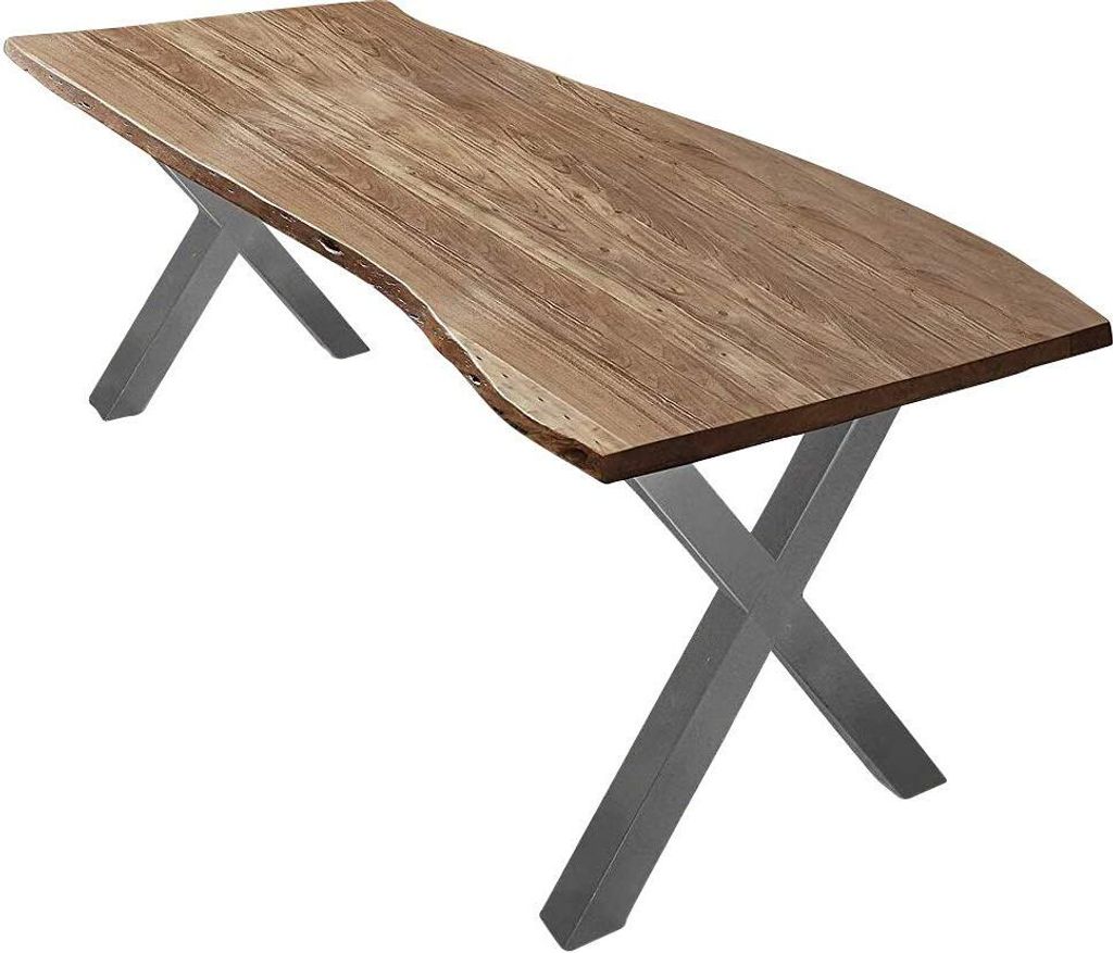 Esszimmertisch 280x100 cm Xaver, Baumkantentisch naturfarben, Akazienholz massiv, X-Gestell aus Metall Silber