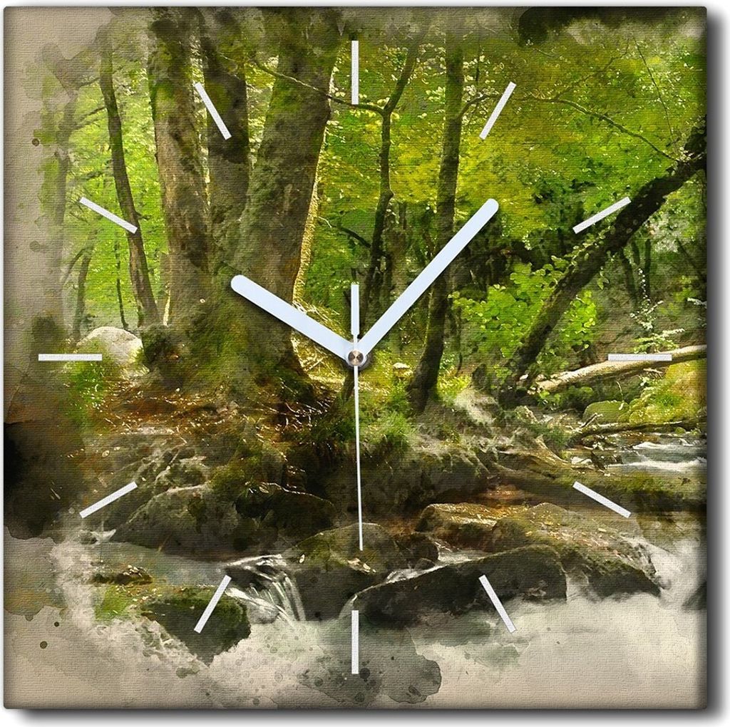 Coloray Uhr auf Leinwand 30x30 cm Wand Uhr Dekoration Wohnzimmer Segeltuch weiße Zeiger -Wasserwaldbäume Natur