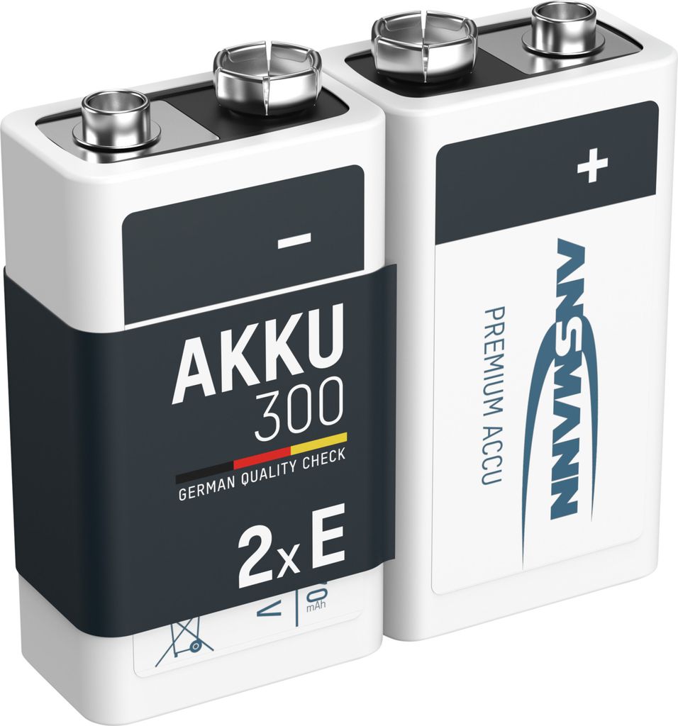 ANSMANN Akku 9V 300mAh E-Block NiMH – 1000x wiederaufladbar (2 Stück)