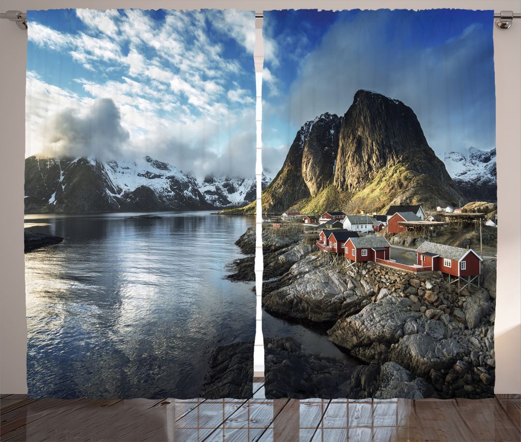 ABAKUHAUS Landschaft Rustikaler Gardine, Herbst Felsen und Wolken, Schlafzimmer Kräuselband Vorhang mit Schlaufen und Haken, 280 x 175 cm, Blau gr...