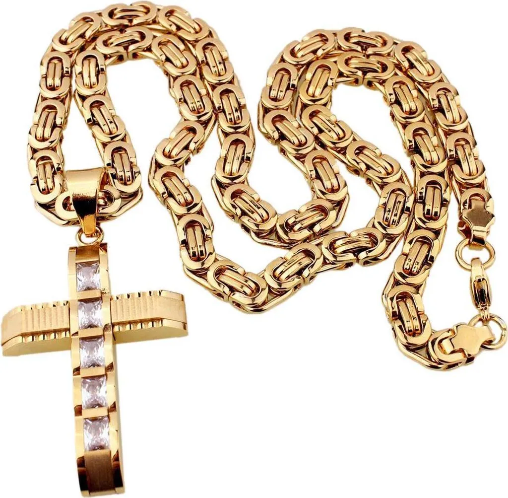 Collier homme chaîne et pendentif croix en acier inoxydable doré 60cm