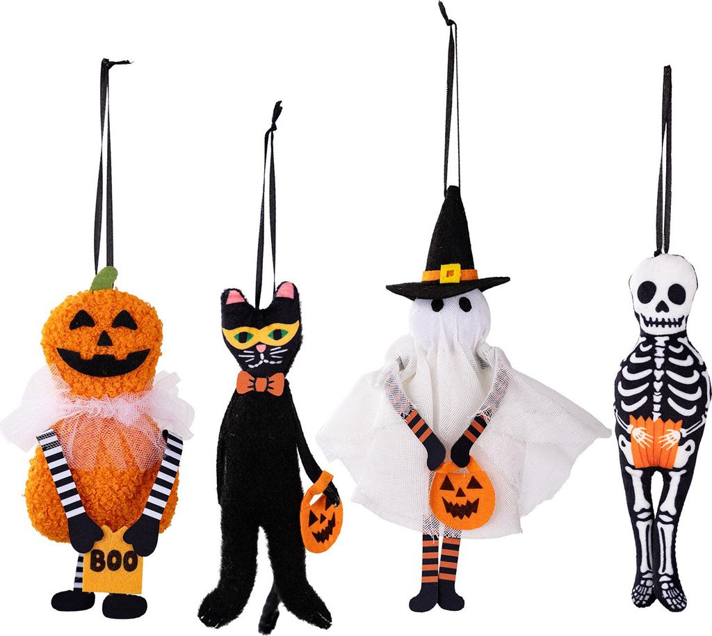 Plüsch-Halloween-Ornament, kleine schwarze Katze/Kürbis/Geist/Skelett, hängende Dekoration für den Weihnachtsbaum