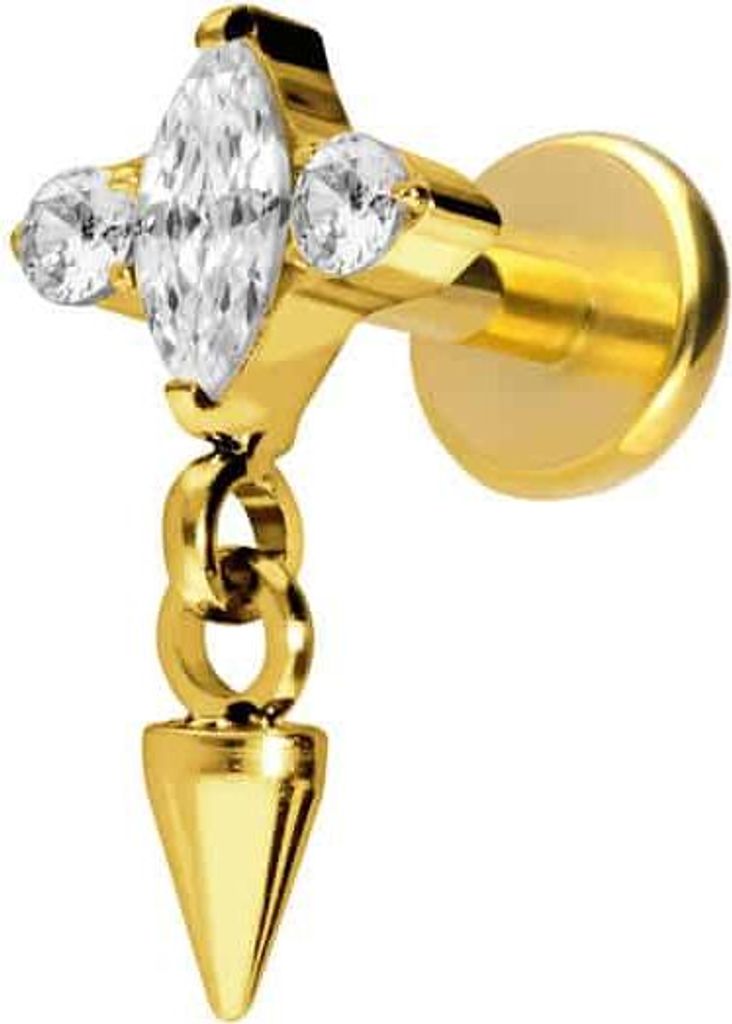 Ohrpiercing, Nasenpiercing Titan Labret mit Push Fit EINGEFASSTE KRISTALLE + SPITZE Gold Stablänge: 5mm | Stabstärke: 1mm