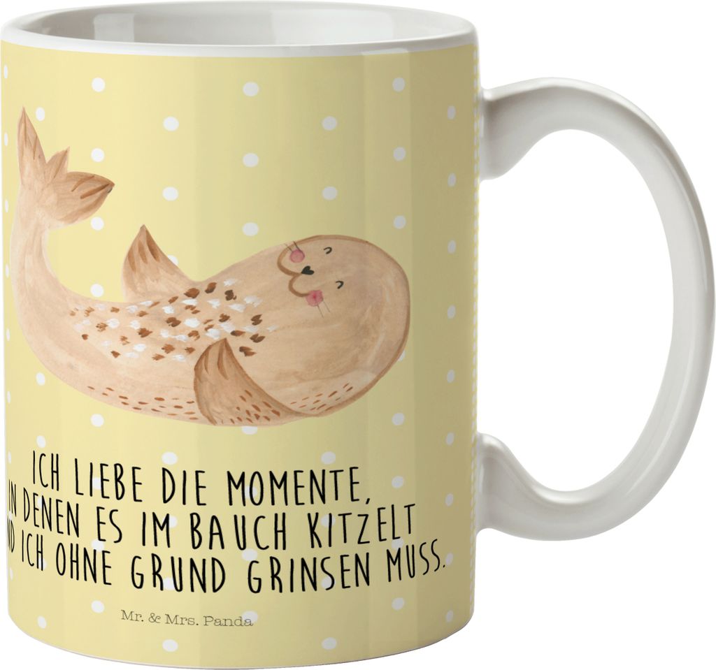 Mr. & Mrs. Panda Plastikbecher Robbe Liegen - Gelb Pastell - Geschenk, Kindertasse, Nordsee, Haferl, Lustige Sprüche, Trinklernbecher, Mehrwegbech...