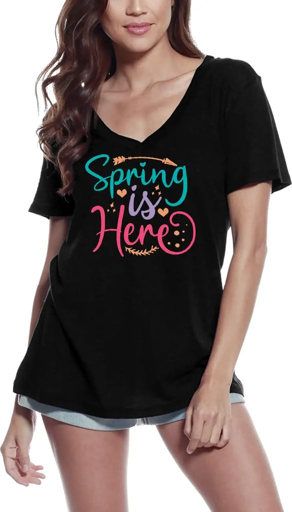 Damen Grafik T-Shirt V-Ausschnitt Der Frühling ist da – Spring Is Here – Öko-Verantwortlich Vintage Jahrgang Kurzarm Lustige Druck Geburtstag...