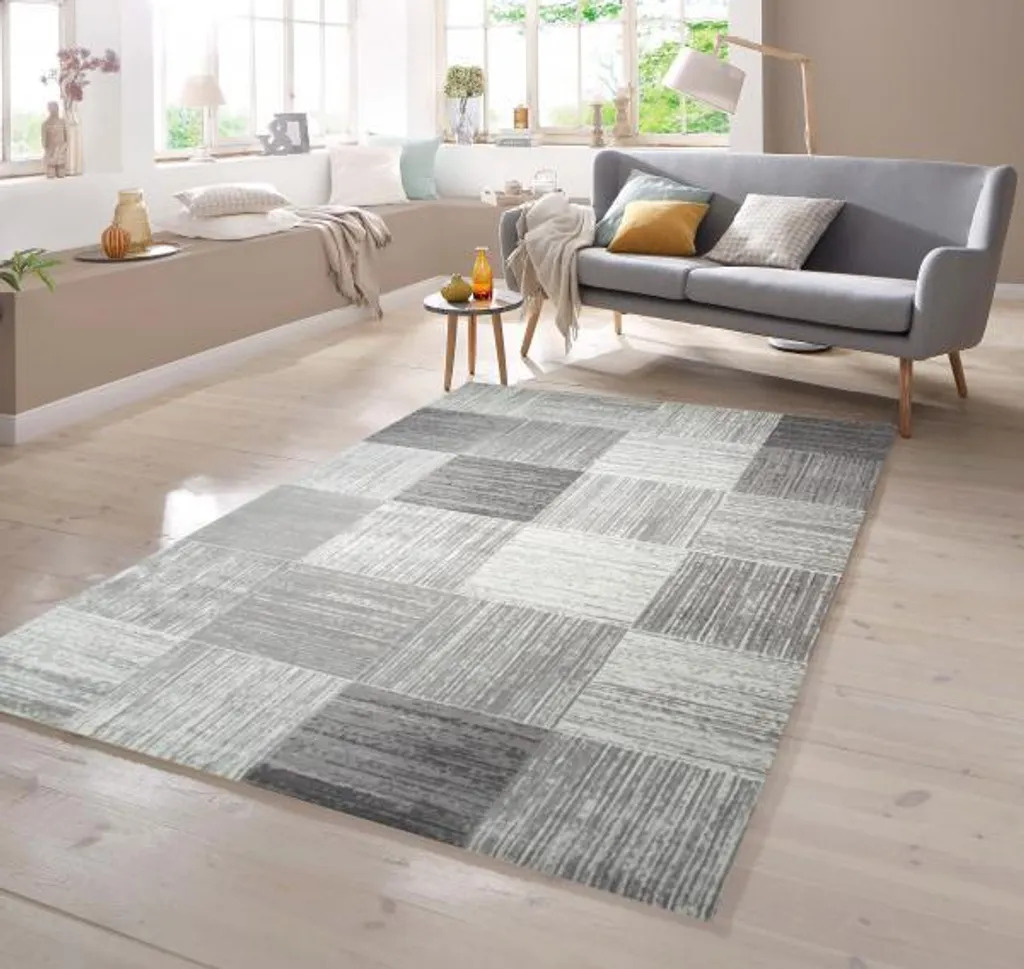 Tapis design beige et gris à grands carreaux - Texture douce 160x230