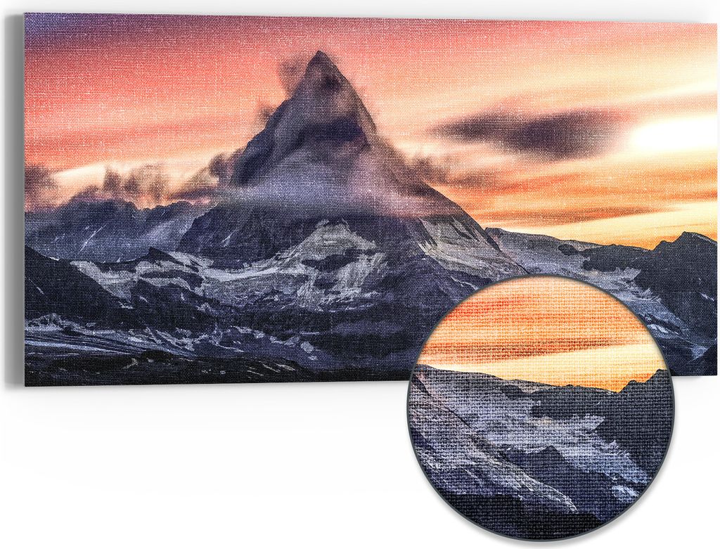 DEQORI Hybrid Leinwand Bild 60x30 cm 'Sonnenaufgang Matterhorn' Wandbild Glas flach modern