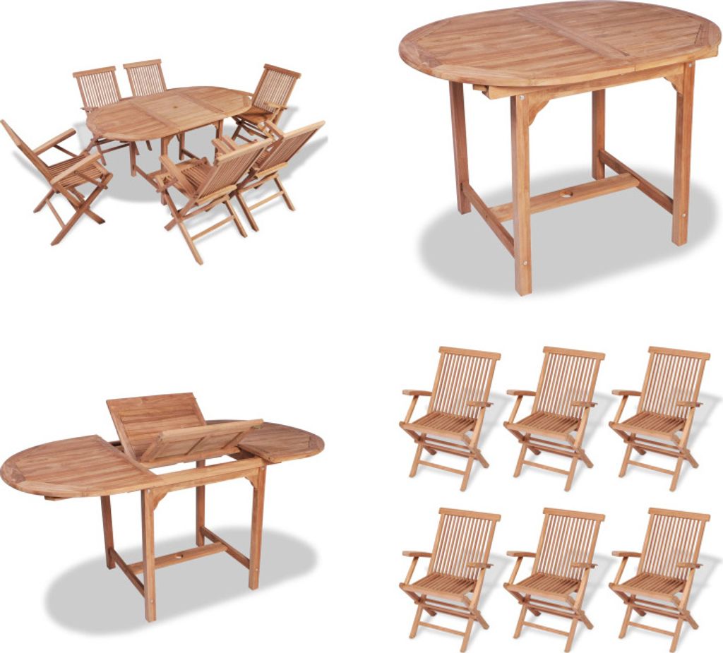 vidaXL 7 tlg. Garten Essgruppe Teak Massivholz - Gartenmöbel-Set - Gartenmöbel-Sets - Gartentisch Und Stühle - Gartentische Und Stühle