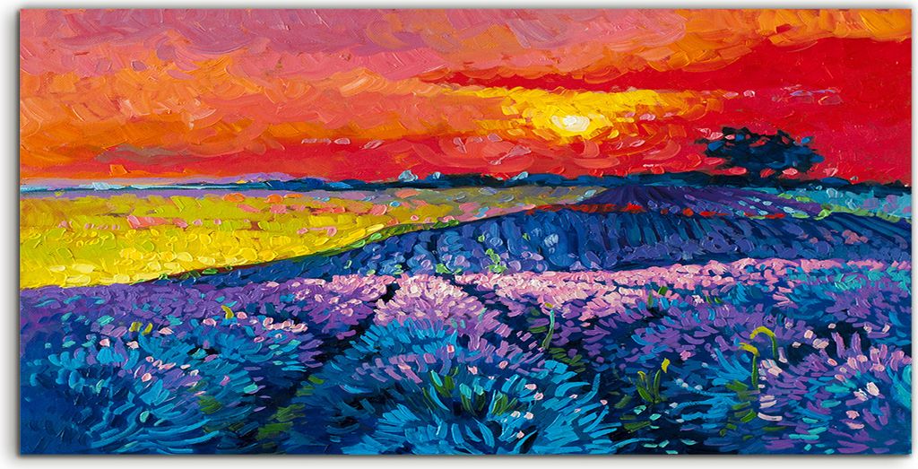 Coloray Acrylbild 140x70 Wandbild Acrylbilder Kunst Bild Lavendel Wiese Himmel Baum