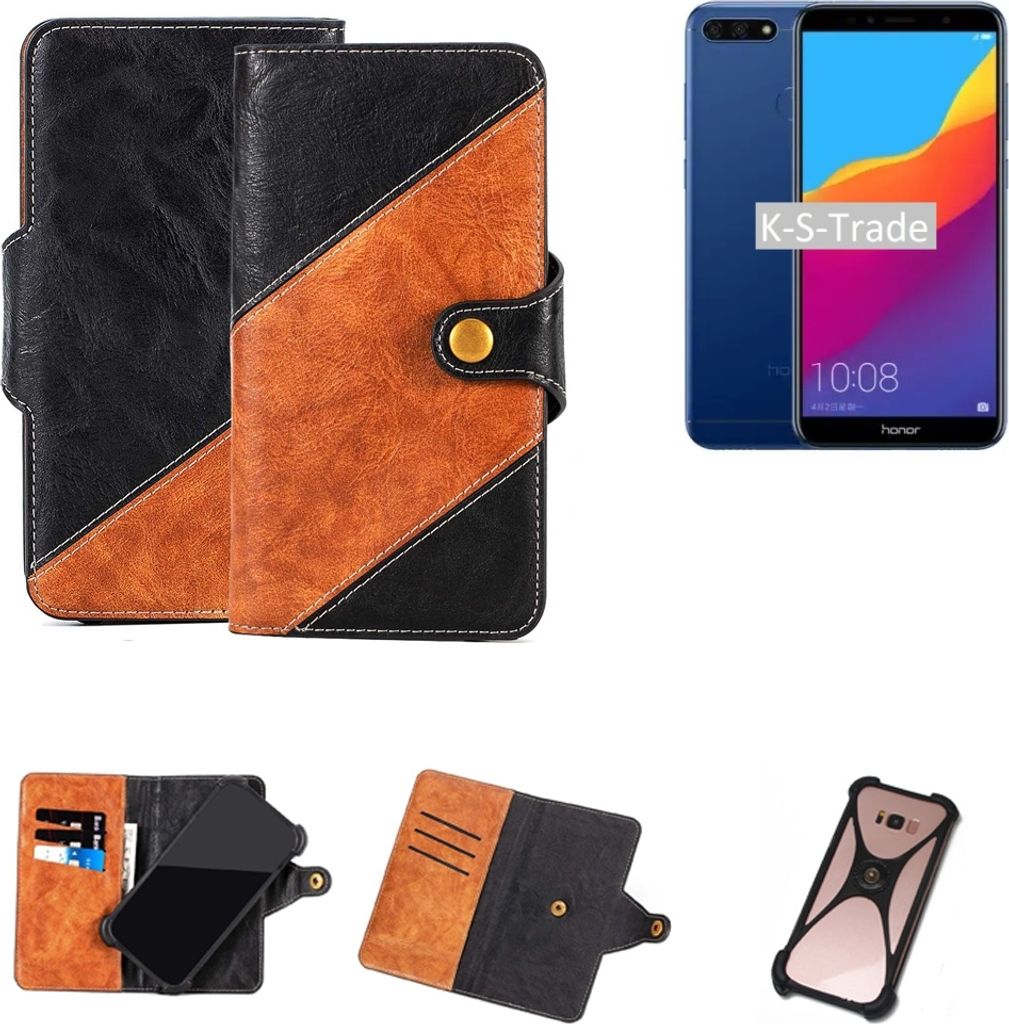 K-S-Trade Handyhülle Schutzhülle Bookstyle Case Wallet-Case kompatibel mit Huawei Honor 7A Handy Cover Bumper Klapphülle schwarz hellbraun 1x