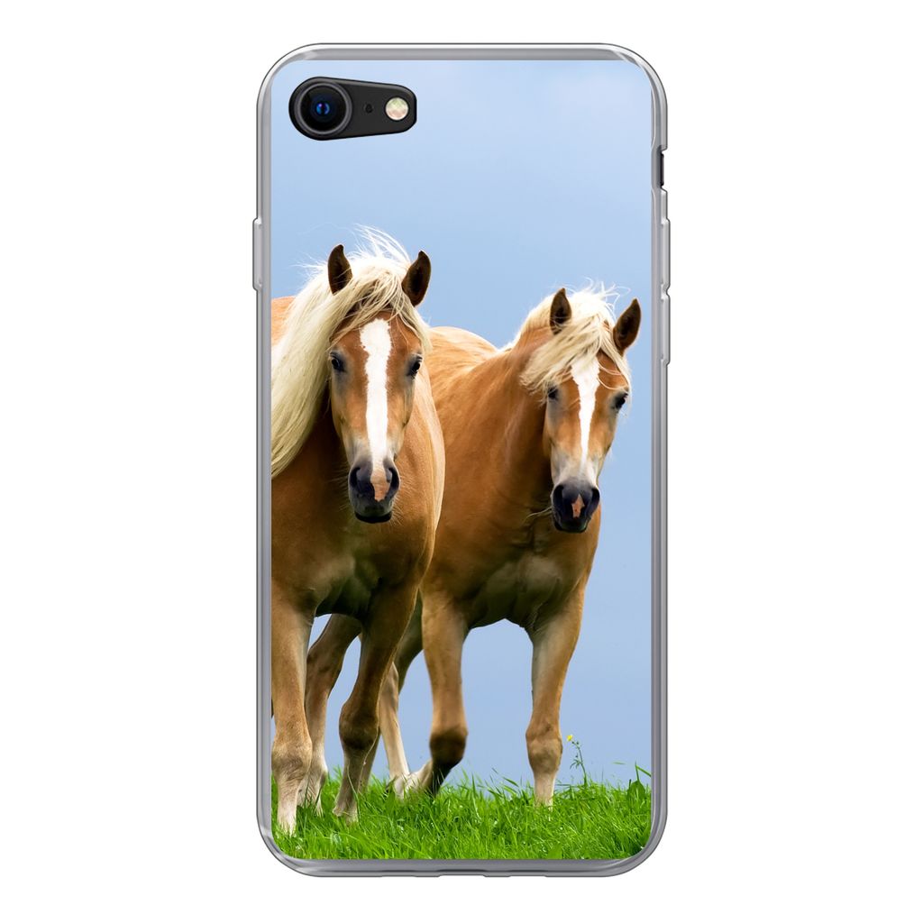 MuchoWow Handyhülle Schutzhülle Hülle für iPhone 8 Pferde - Gras - Luft Silikon Softcase Handy Hülle - Schutzhaube