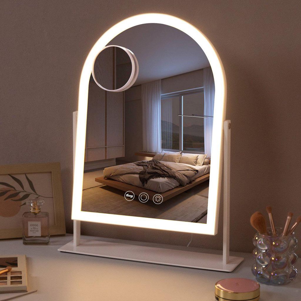 VANITII Gewölbter LED-Schminkspiegel 30cm x 41cm mit Beleuchtung 360° Drehbar Dimmbarer für Make-Up Kosmetikspiegel mit Licht 3 Lichtfarben Weiß