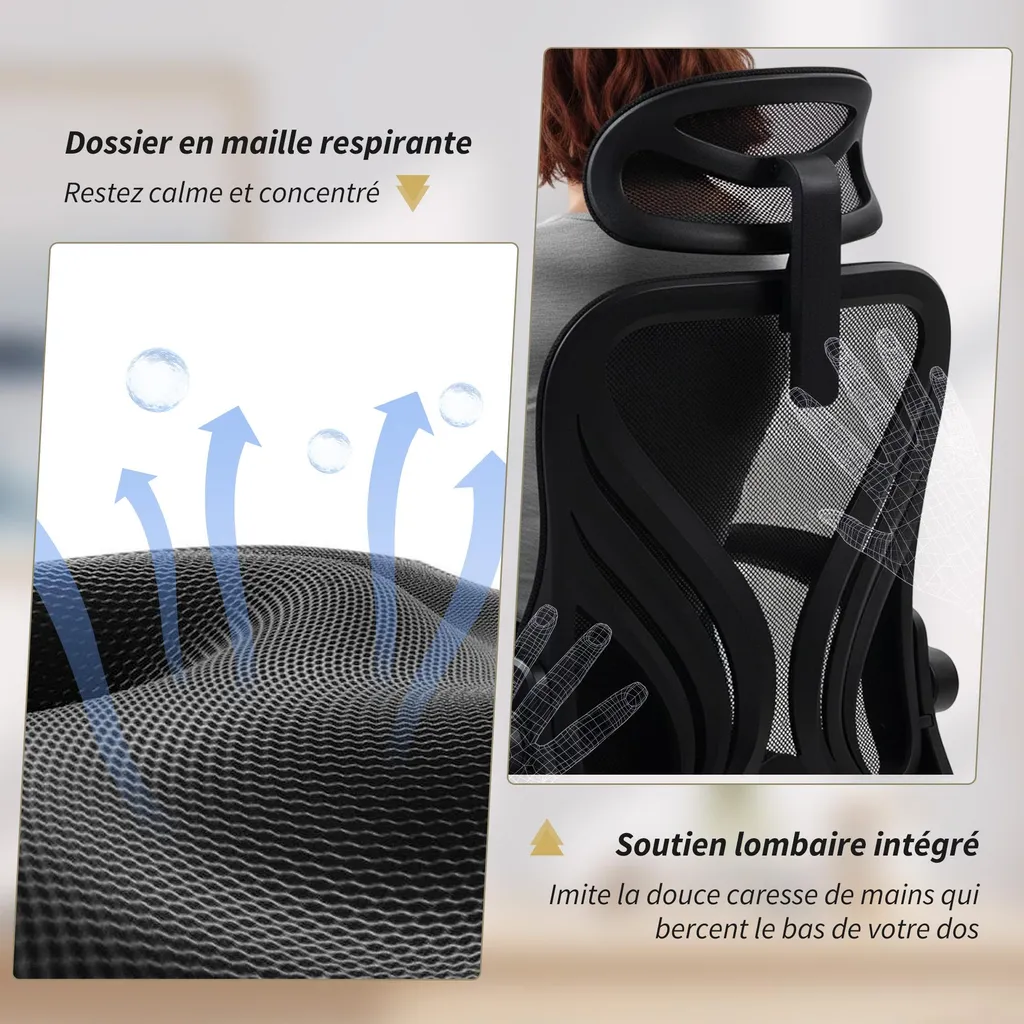 Chaise télétravail ergonomique, dossier pliable et appui-tête réglable