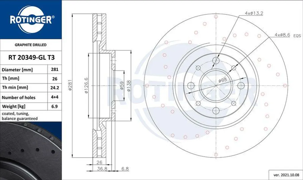 Disque de frein ROTINGER RT 20349-GL T3 OE 46765546 pour Bravo et Mito