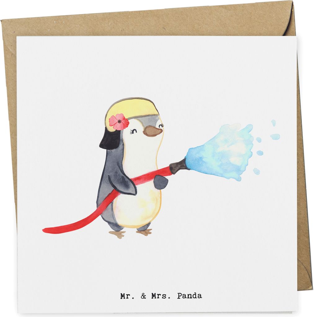 Mr. & Mrs. Panda faltkarte Feuerwehrfrau Herz - Weiß - Geschenk, anlasskarte, Brandschutz, Feuer Löschen, Klappkarte, Grußkarte, Feuerwehr, Ausb...