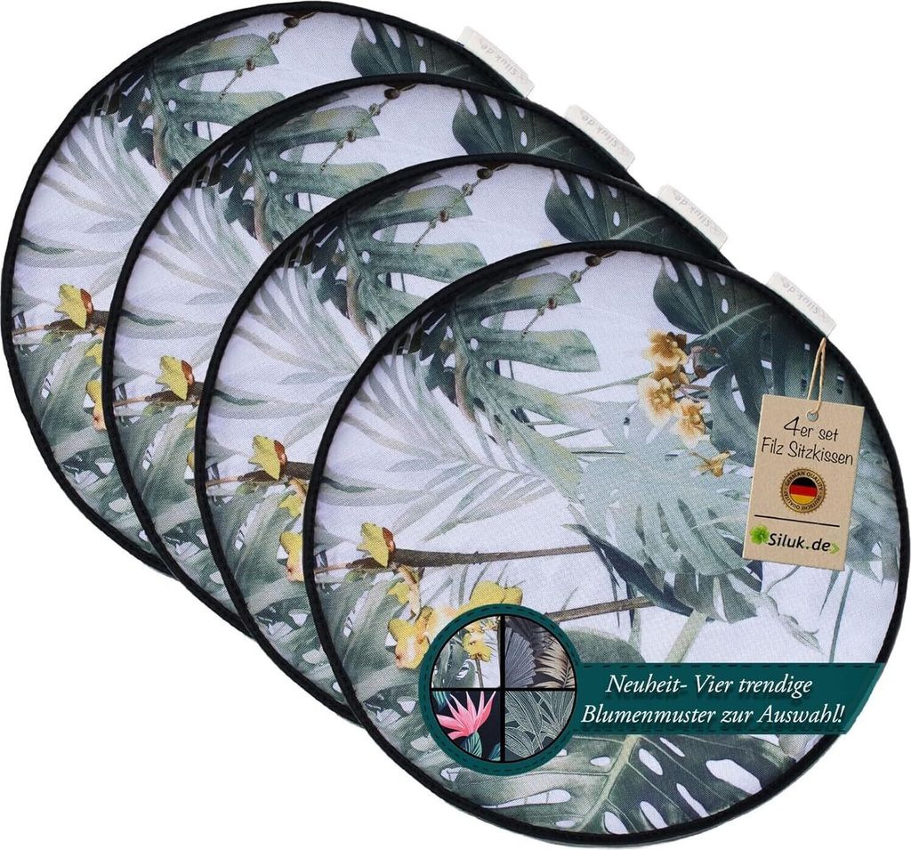 SILUK gemütliches Stuhlkissen Sitzkissen aus Filz Ø 36cm - Komfortable Waschbare - 4er Set Grau I Schwarz für Bank Stuhl (Blume - Weiß)