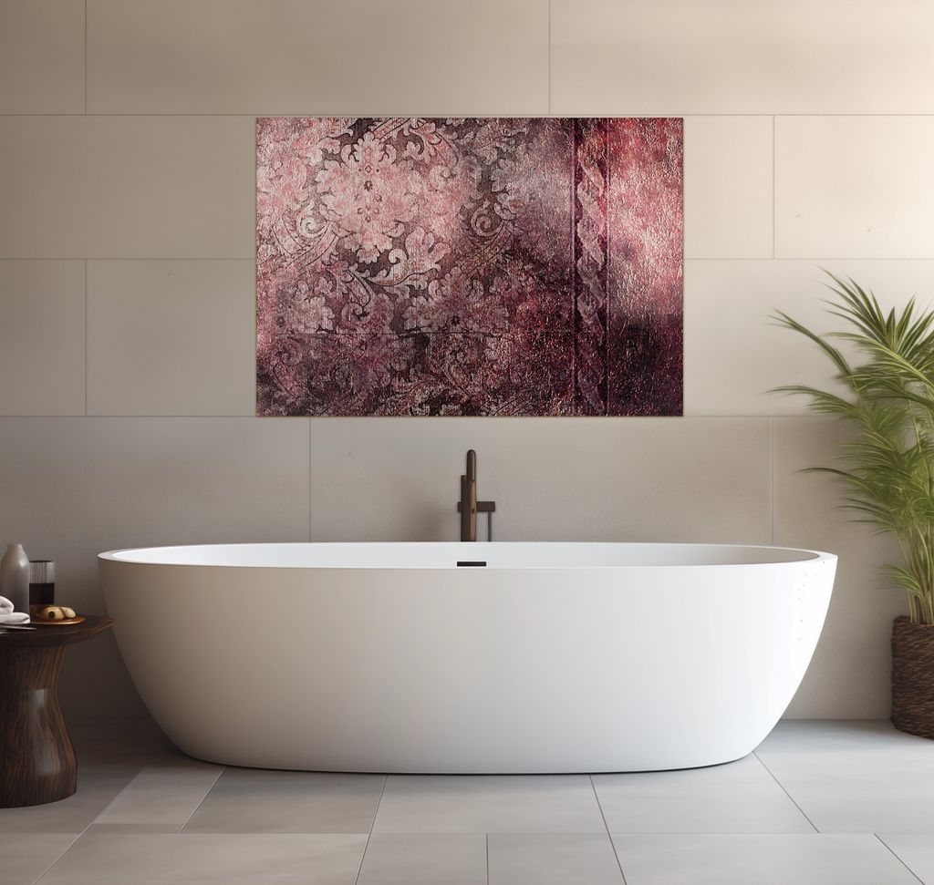 Wallario wasserfestes Poster selbstklebend 70 x 100 cm, Schnörkelmuster in rot, Badezimmerposter Spritzschutz mit Hochglanzoberfläche in Glasoptik