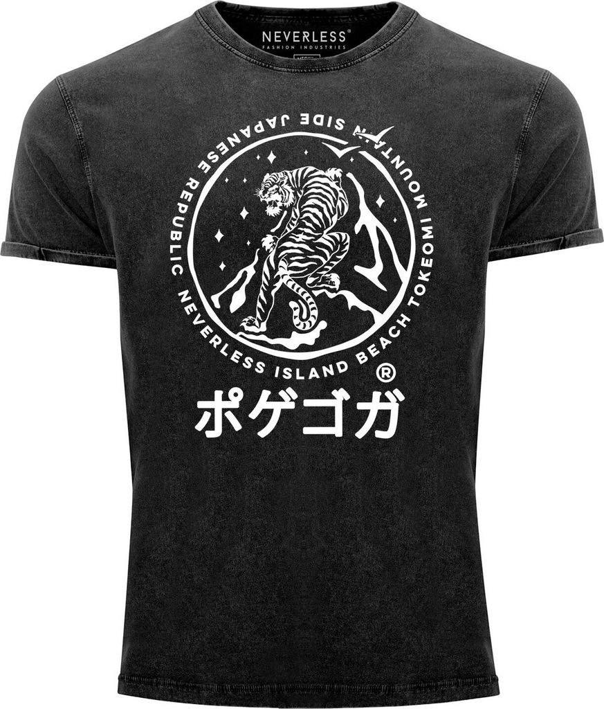 Herren Vintage Shirt Tiger Japan asiatische Schriftzeichen Logo Printshirt T-Shirt Aufdruck Used Look Slim Fit Neverless schwarz XXL