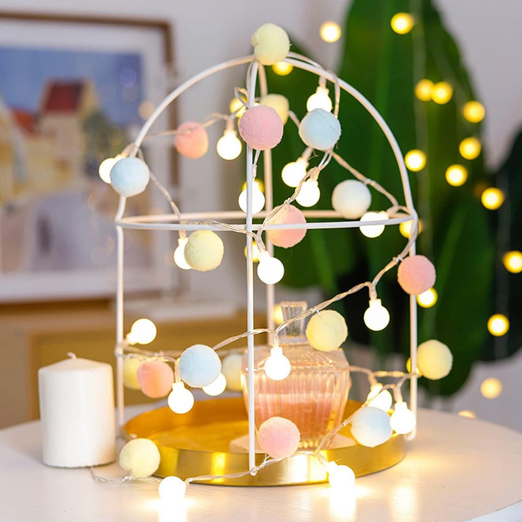 2m Pompons Lichterkette Warmweiß Kugel Lichterketten Batteriebetrieben für Innen Geburtstag Hochzeit Weihnachten Party Kinderzimmer Dekoration, Bunt