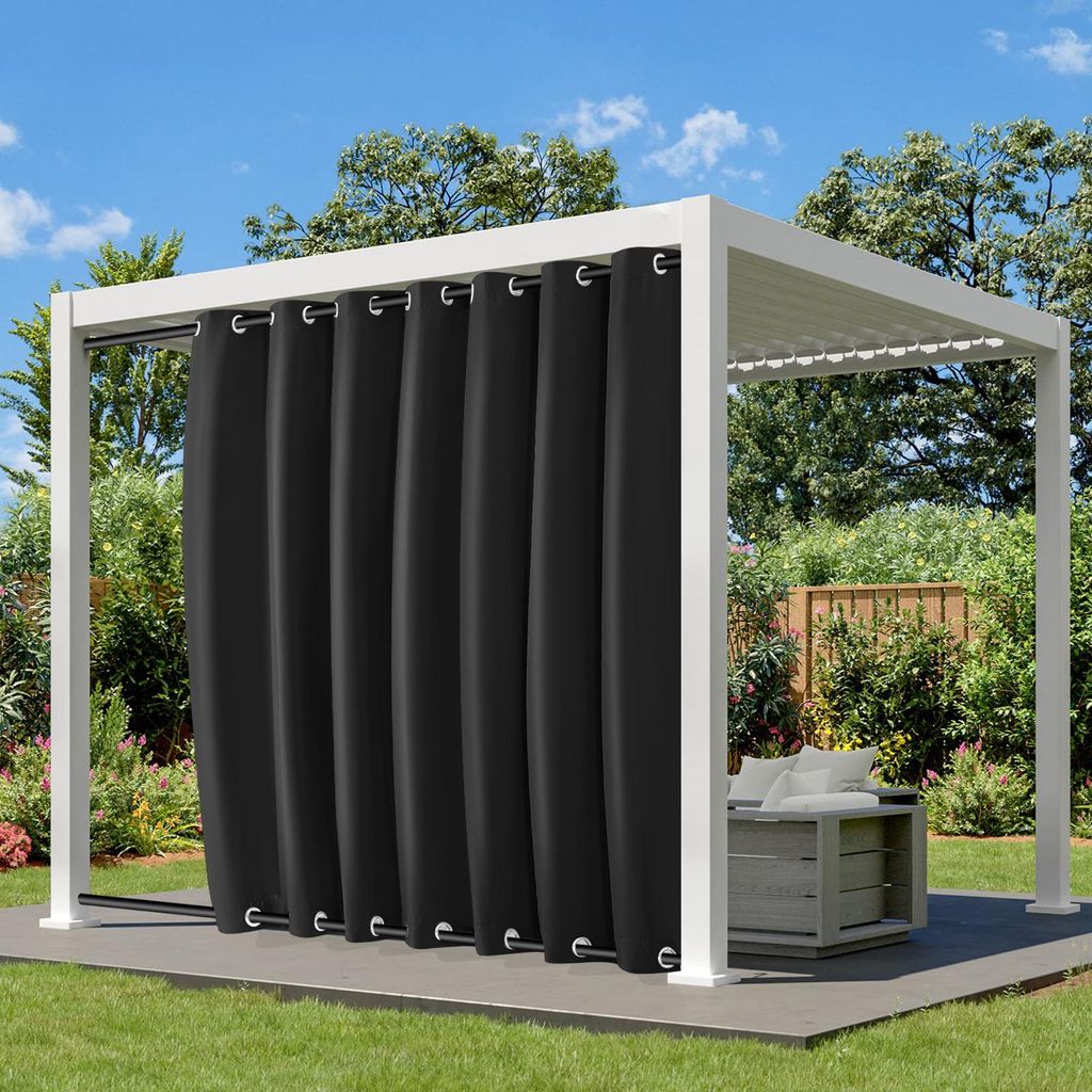 Outdoorvorhang mit Ösen Oben und Unten, Extra Breit Blickdicht Vorhänge Wasserdicht Wetterfest Gardinen für Balkon Pavillon, Schwarz, B254xH274cm