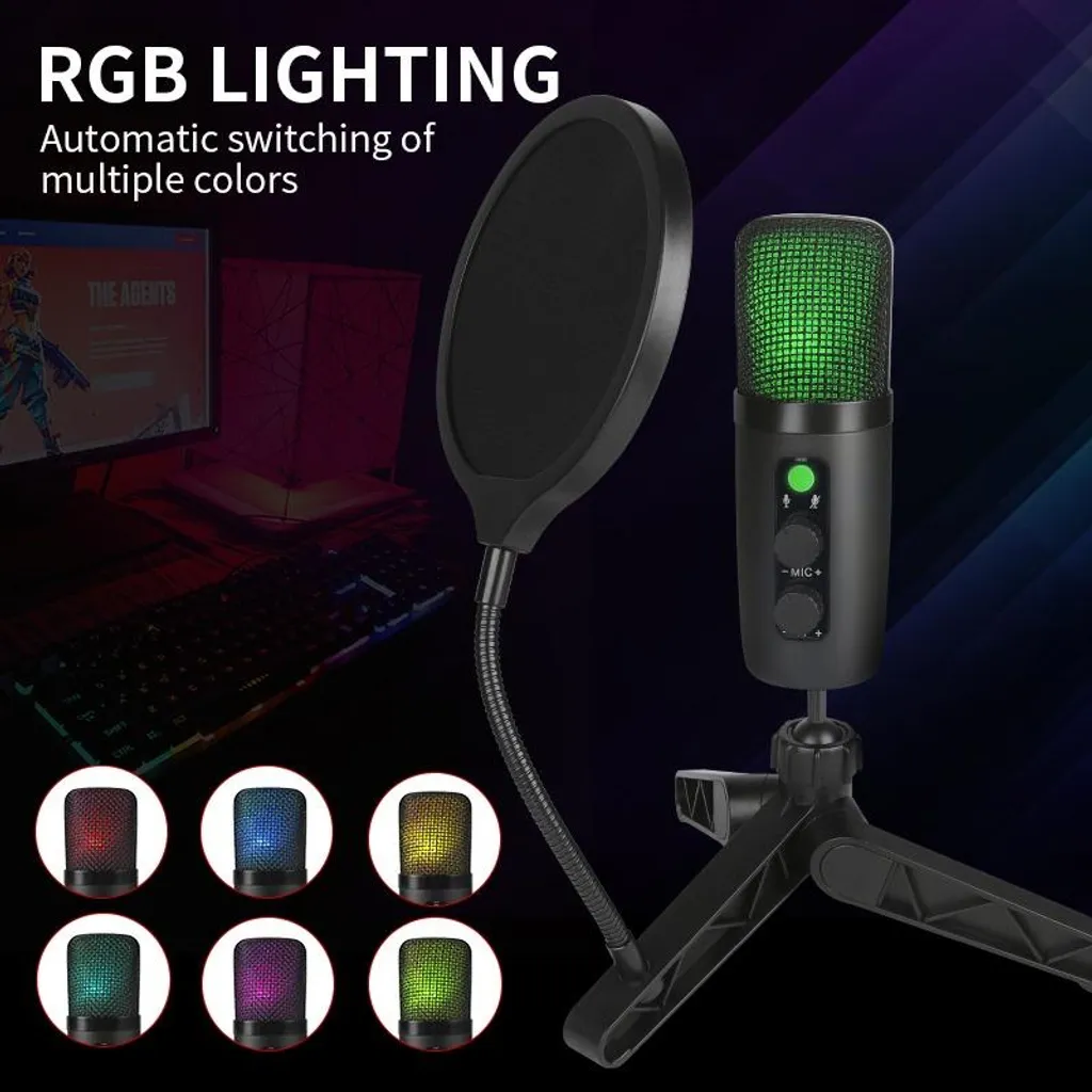 Microphone de Studio USB avec Kit Complet et Effets Lumineux RGB INF