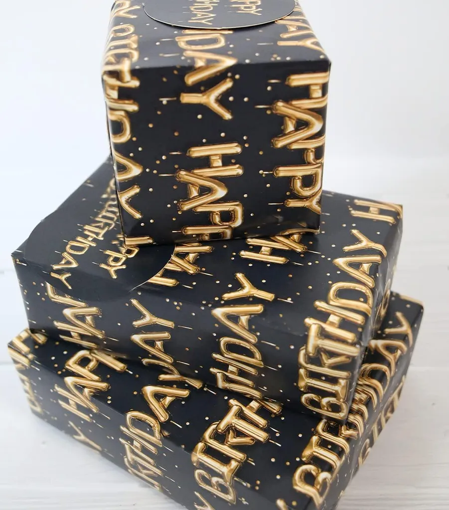 Emballage cadeau anniversaire chic noir et or - Set complet 4 pièces