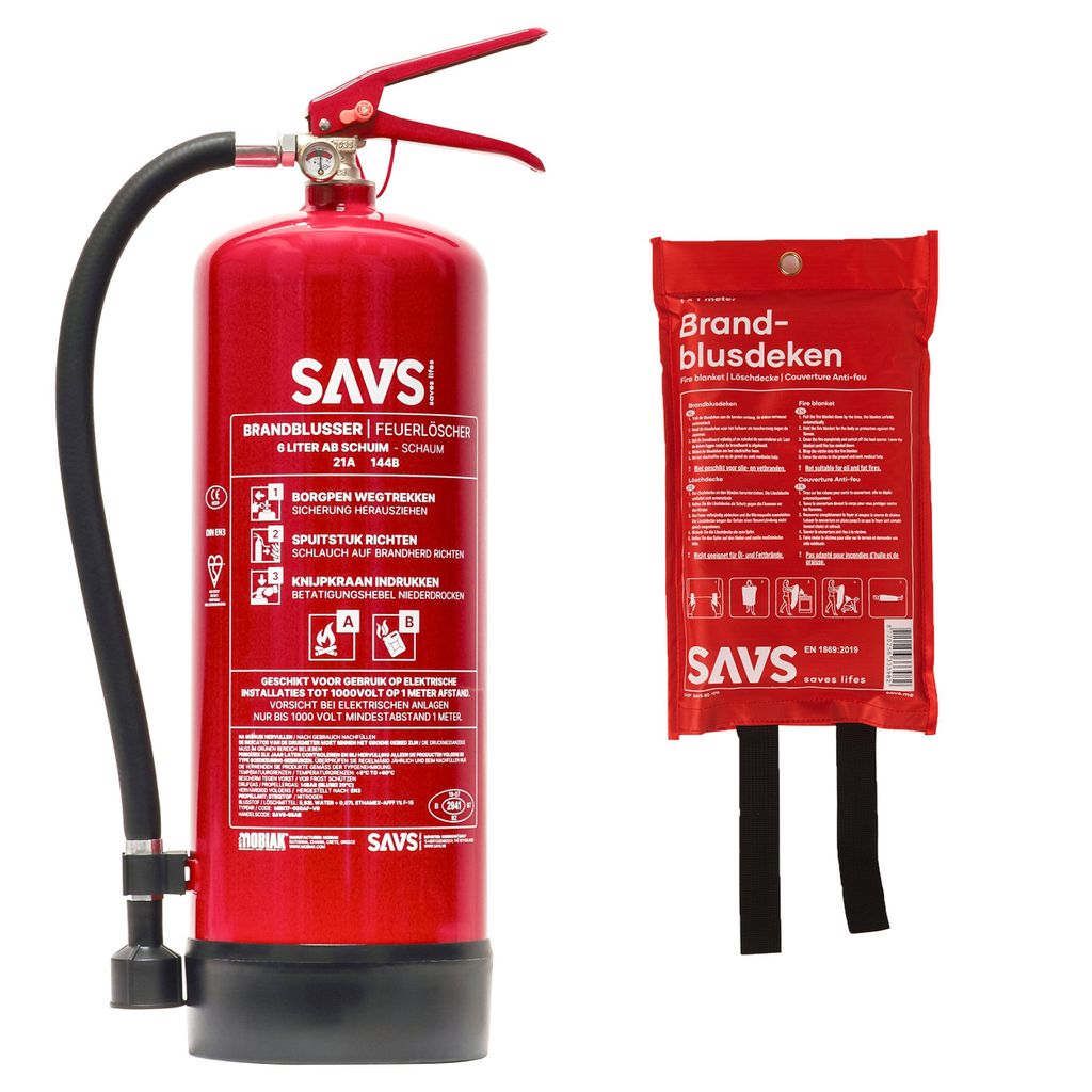 SAVS Feuerlöscherset - Schaum groß - Feuerlöscher Schaum 6 Liter & Löschdecke 120 x 180 cm - Feuerlöscherklasse 5A 34B - Mit Halterung