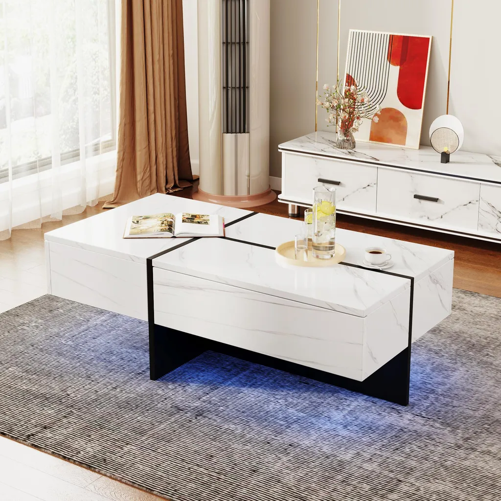 Table Basse LED Multicolore avec Tiroirs Pratiques - Design Blanc MDF - 7