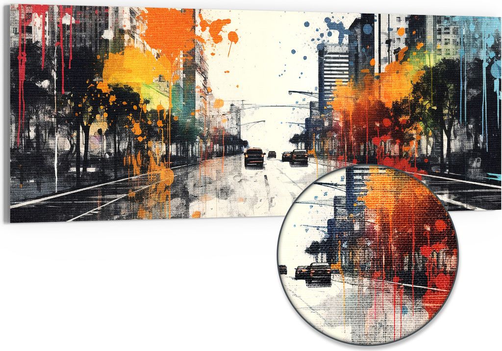 DEQORI Hybrid Leinwand Bild 125x50 cm 'Urbane Farbwellen' Wandbild Glas flach modern