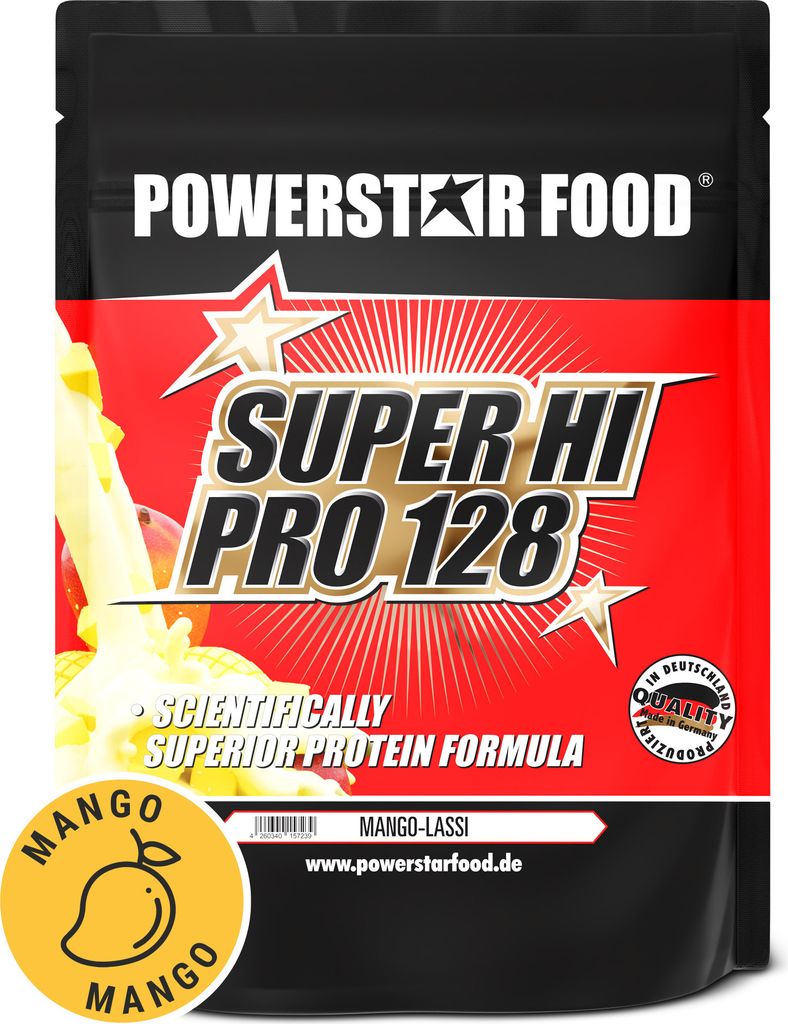 Powerstar SUPER HI PRO 128 | Mehrkomponenten Protein-Pulver 1kg | Höchste Biologische Wertigkeit | Protein-Shake zum Muskelaufbau | Mango