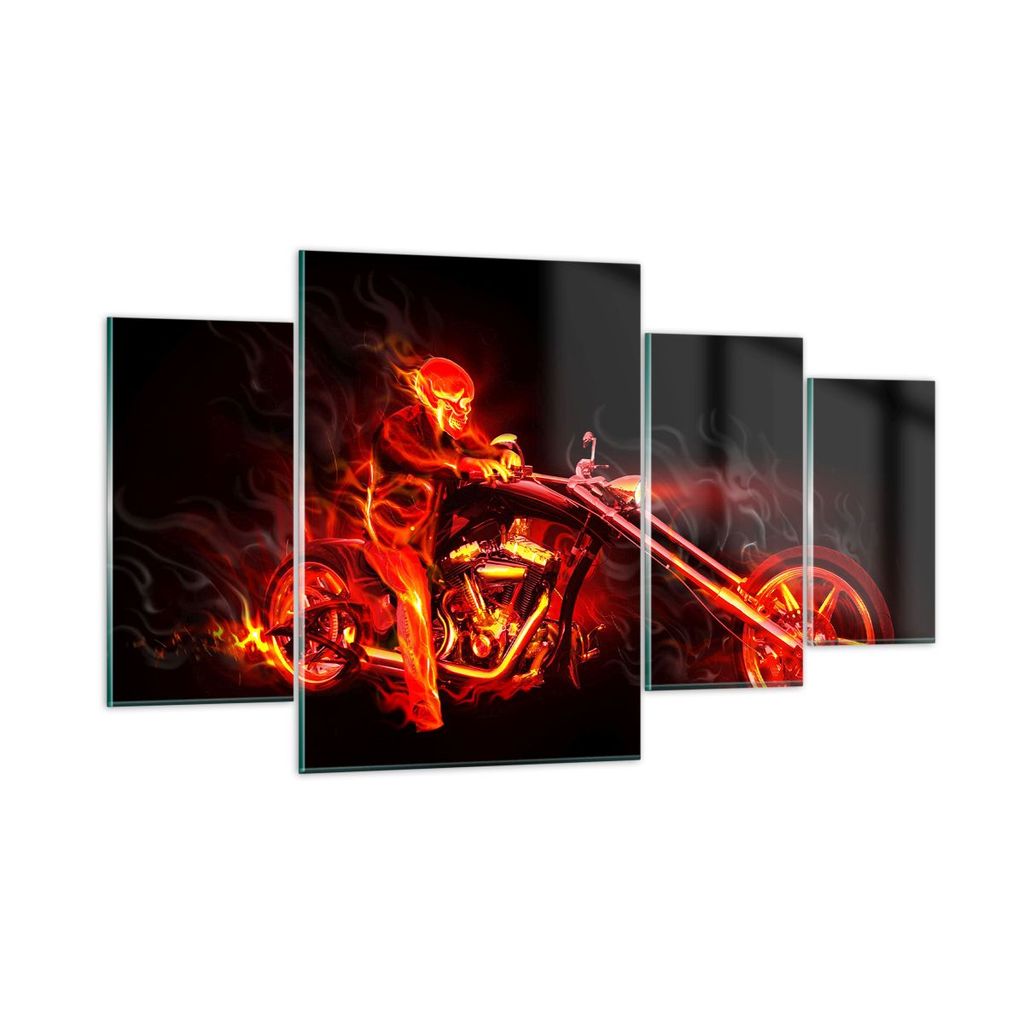 Bilder auf glas - Flammen Motorrad Skelett - 160x90cm - Glasbilder - Wandbilder - Kunstdruck - zum Aufhängen bereit - Wanddekoration aus Glas - Gl...