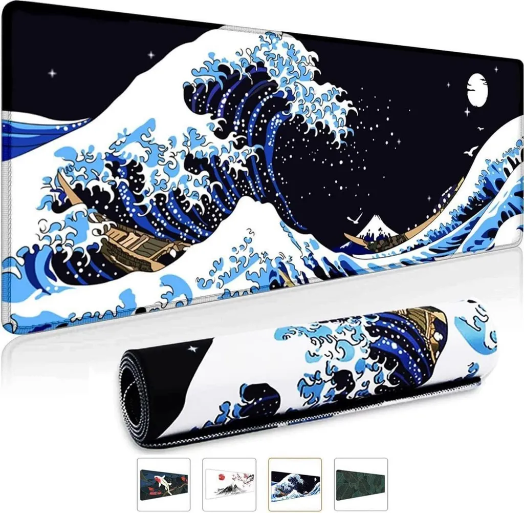 Tapis Souris XXL Anti-effilochage Kanagawa Noir 80cm pour Gamer et Bureau