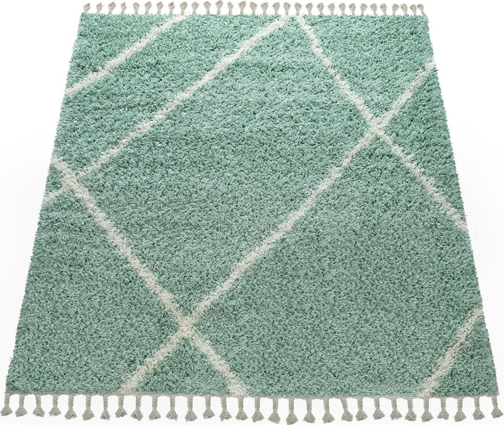 TT Home Hochflor Teppich Grün Wohnzimmer Skandinavisches Rauten Fransen Shaggy Weich Größe 60x100 cm