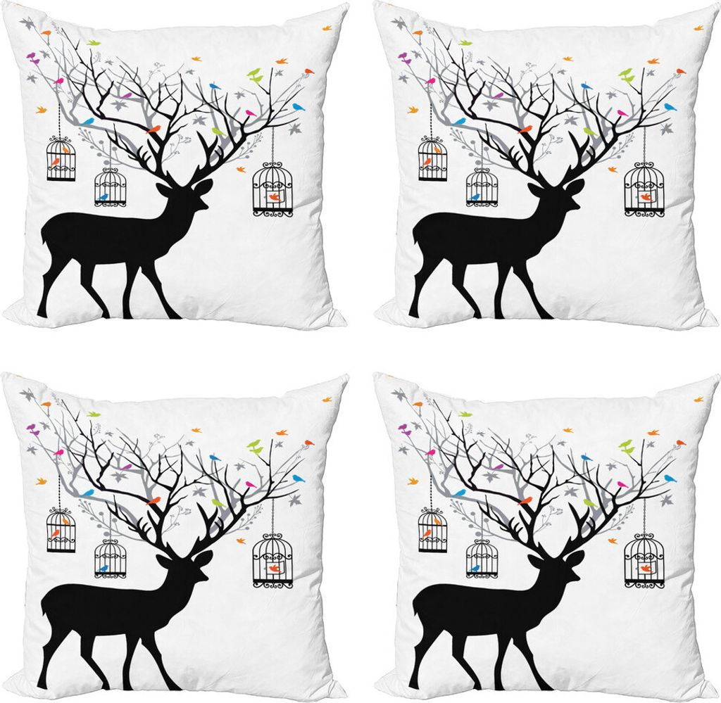 ABAKUHAUS Geweih Kissenbezug Set (4 Stück), Deer Bunte Vögel, Moderner Doppelseitiger Digitaldruck, 50 cm x 50 cm, Mehrfarbig