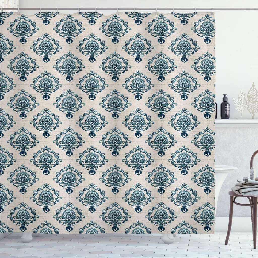 ABAKUHAUS Tenda da doccia in damasco, motivo nostalgico con fiori barocchi e sfondo con scritte a mano, 175 x 180 cm, blu petrolio Tan