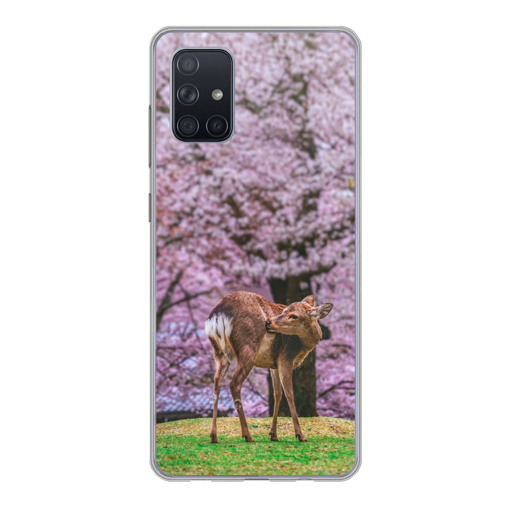 MuchoWow Handyhülle Schutzhülle Hülle für Samsung Galaxy A51 Hirsch - Rosa - Blüte Silikon Softcase Handy Hülle - Schutzabdeckung