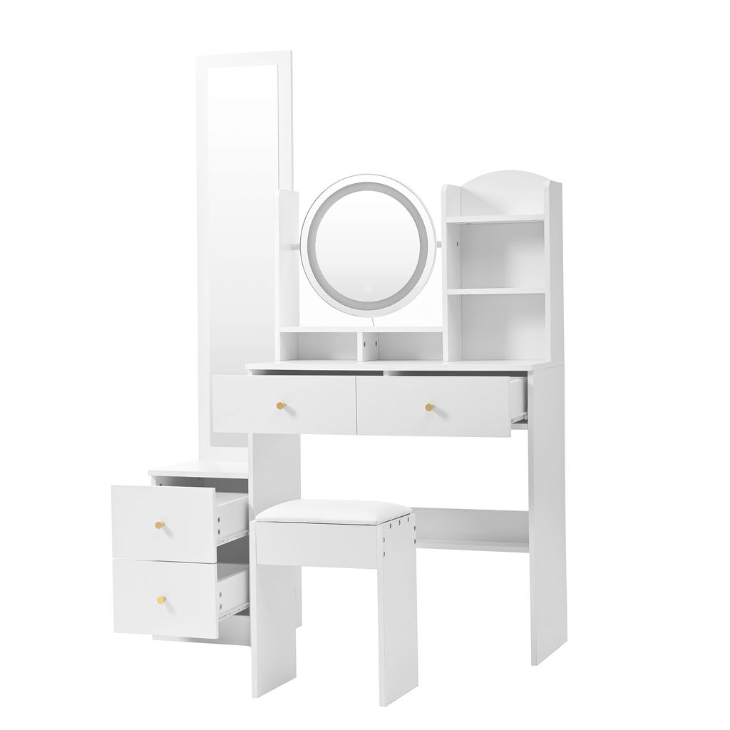 A white vanity table with a mirror, drawers, and a stool, set against a white background.