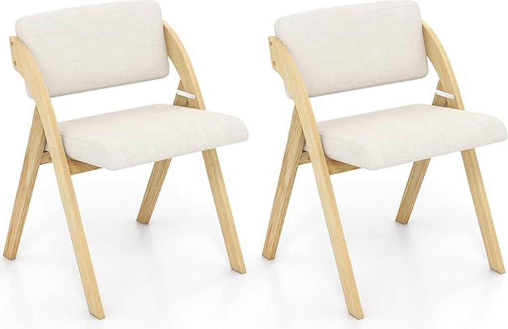 Klappbare Esszimmerstühle, 2er Set gepolsterte Küchenstühle mit Gummibeinen, tragbare und keine Montage, Klappstühle mit Rücklehnen, Natur + B...