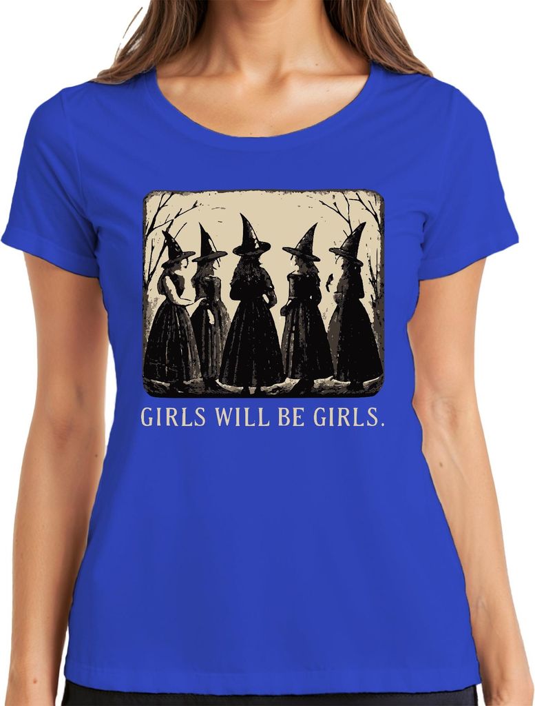 Girls will be girls Hexen Vintage Halloween Gothic Retro Mädchen Damen T-Shirt, Blau, L