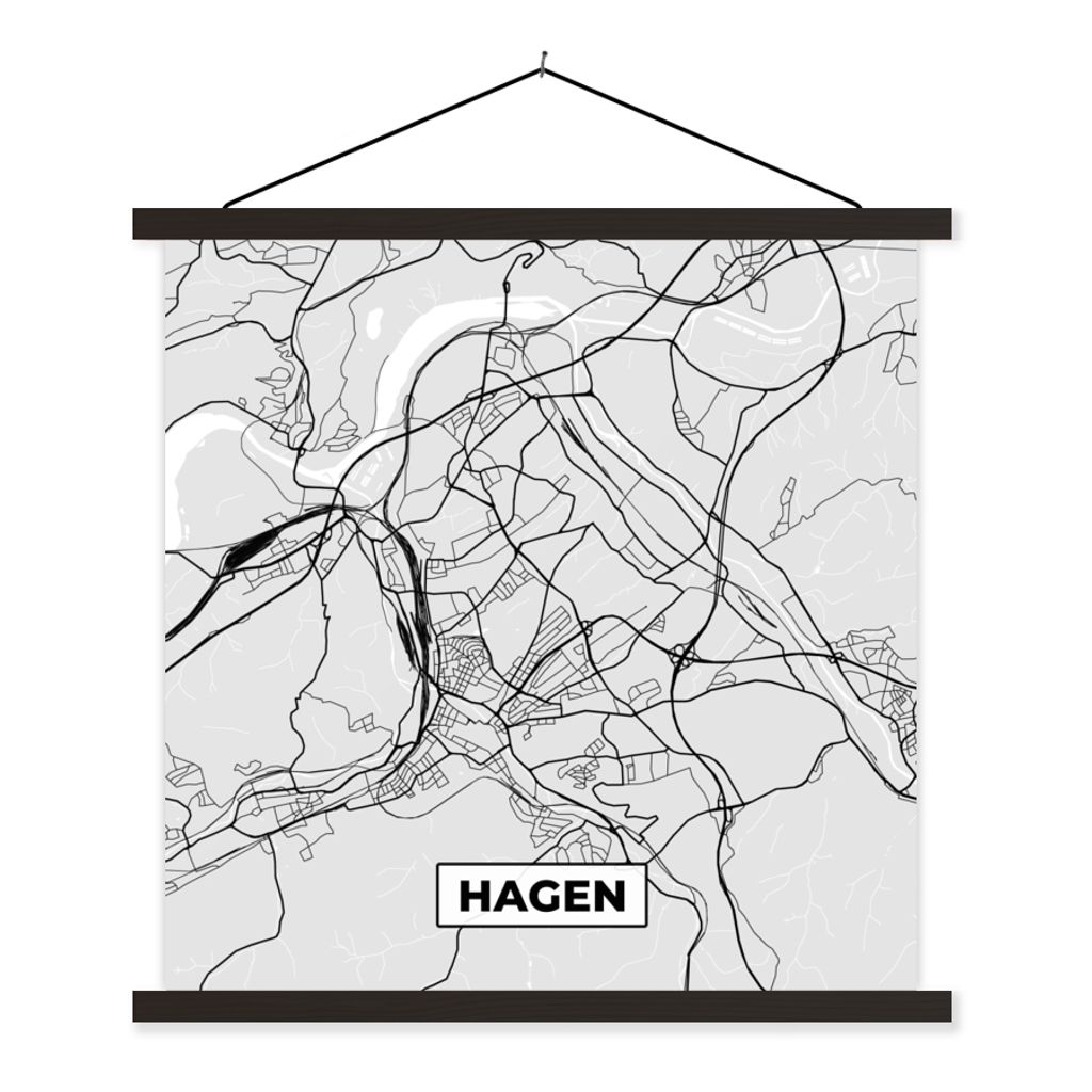 MuchoWow Textilposter Stadtplan - Deutschland - Karte - Hagen 60x60 cm mit schwarzem Rahmen - Posteraufhänger