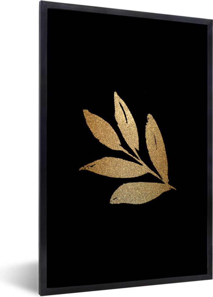 MuchoWow MuchoWow Gerahmtes Poster Blatt - Gold - Zweig 60x90 cm - Poster mit zchwarzem Bilderrahmen - Kunst